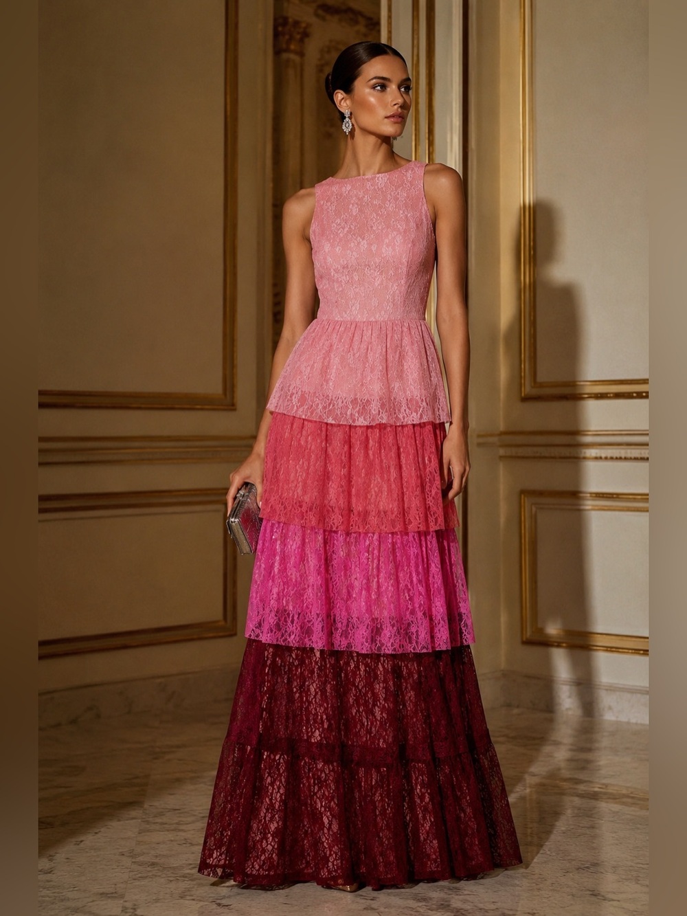 Mikael Aghal Tulle Tiered Gown Pink 0